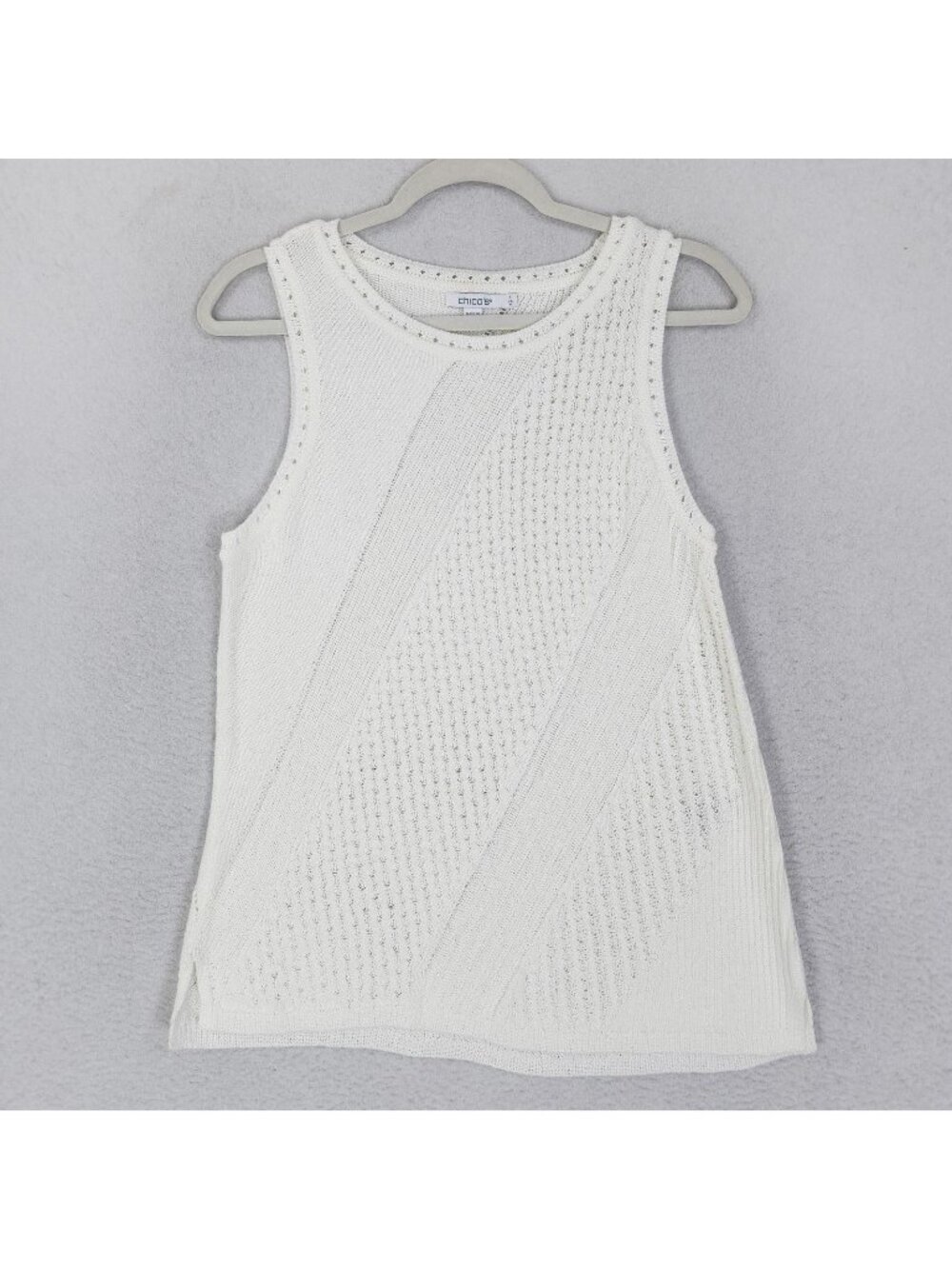 Chicos Shirt Womens Medium White Open Knit Sweater Tank Top Sleeveless Pullover